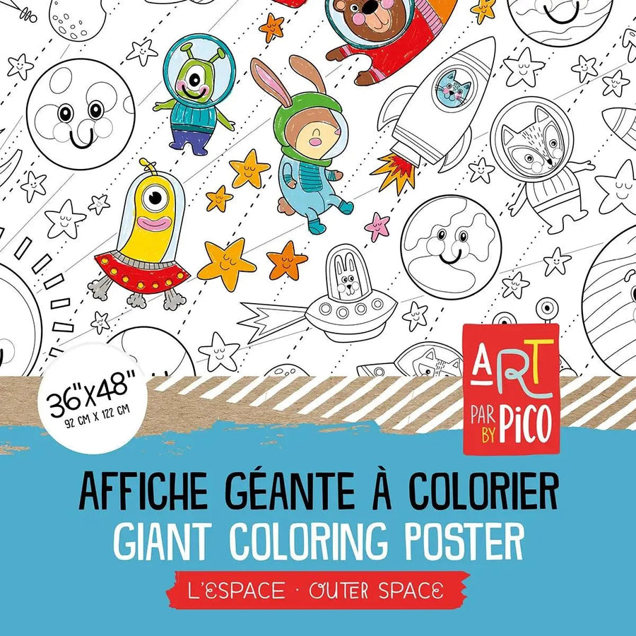 Coloriage géant de l'espace créé par PiCO Tatouages temporaires. Affiche géante à colorier. Dessins créés et imprimés au Québec. Planètes, étoiles, astronautes. / Giant space coloring poster created by PiCO Temporary Tattoos. Giant coloring poster. Designs created and printed in Canada. Planets, stars, astronauts.