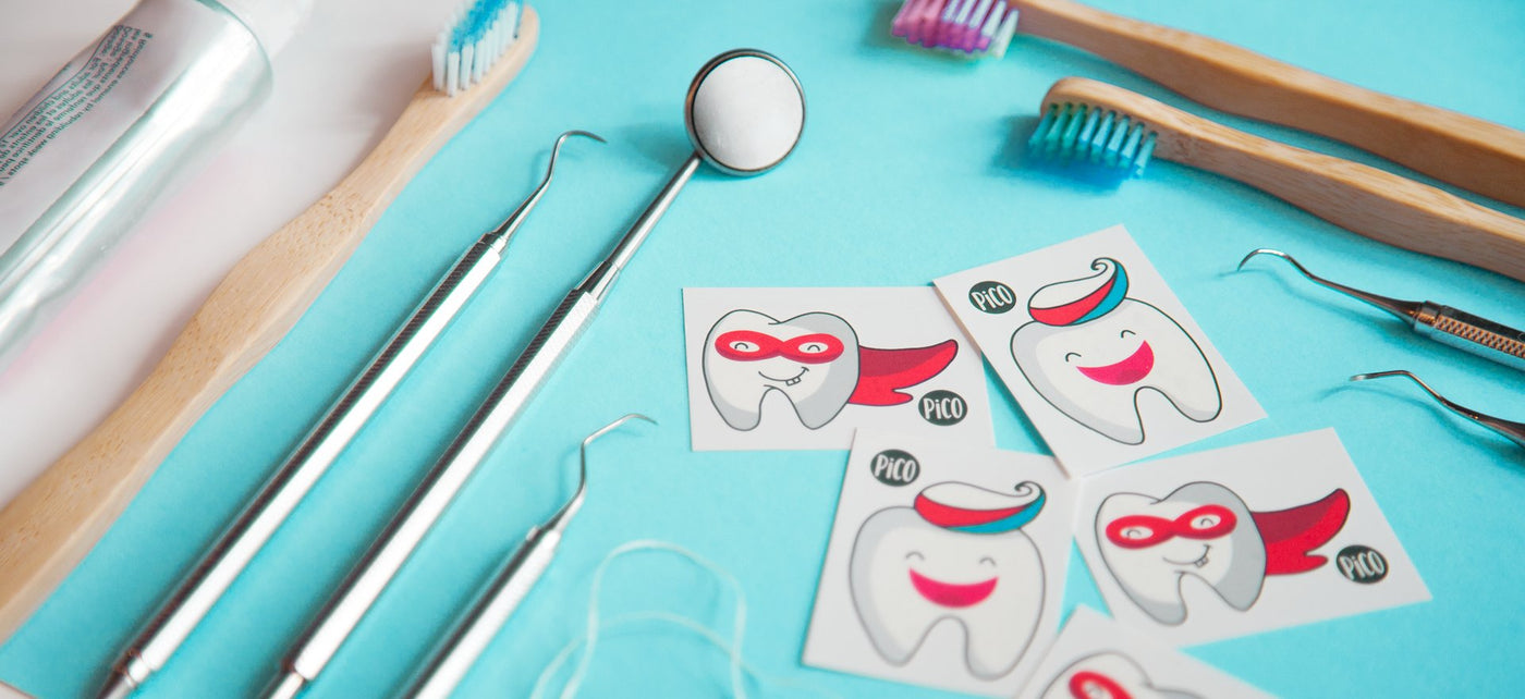 Assorted playful dental-themed stickers featuring vibrant tooth and teeth designs by PiCO Tato - Autocollants Dentaires Enfants : Sécuritaires, Ludiques et Éducatifs