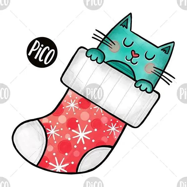 Tatouages temporaires en vrac du chat dans un bas par PiCO Tatouages temporaires. Design réalisé au Québec. / Bulk temporary tattoos of the Christmas stocking cat by PiCO Temporary Tattoos. Design made in Canada.