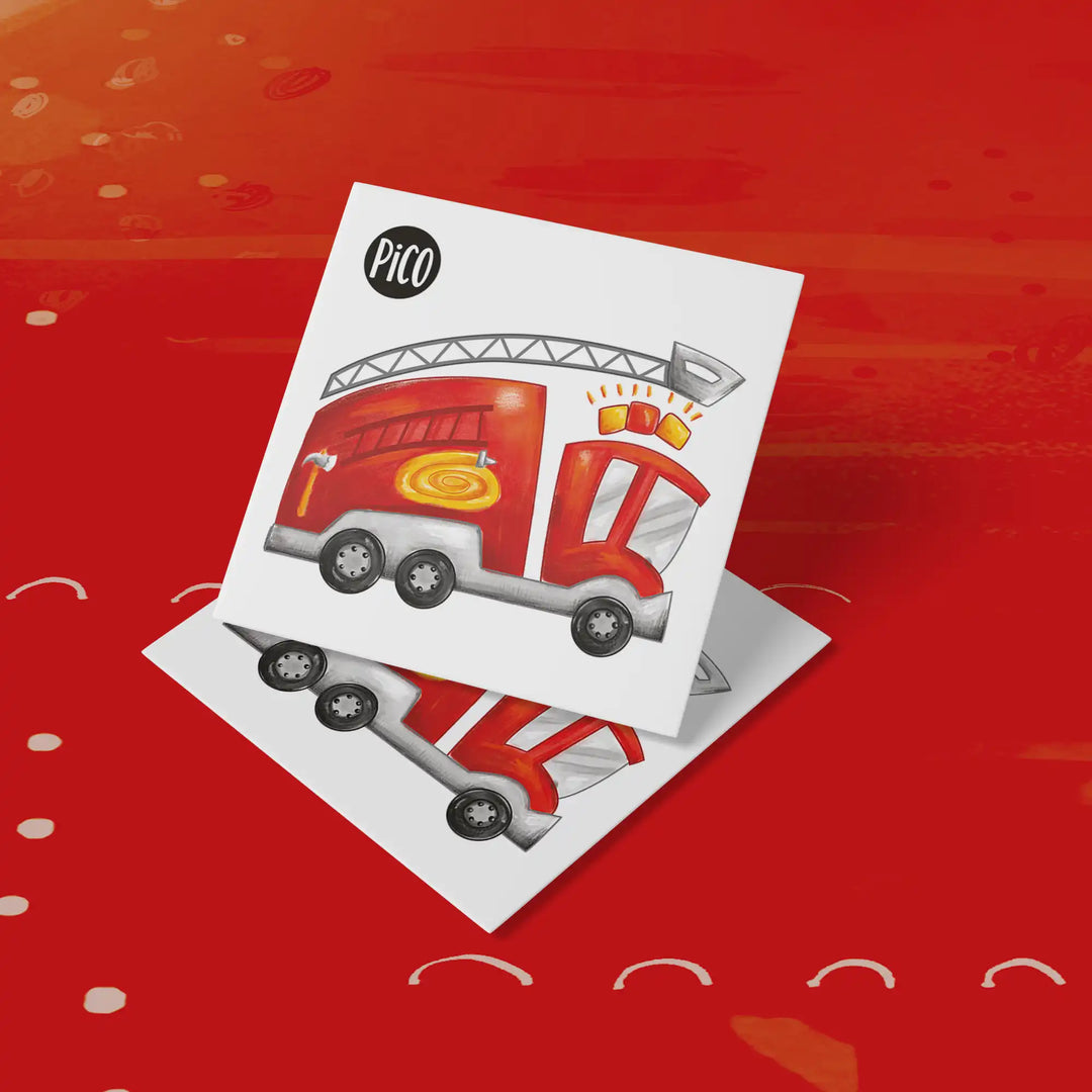 Tatouage temporaire pour enfant représentant un camion de pompier rouge et jaune avec grande échelle, format 2 pouces par 2 pouces / Temporary tattoo for children featuring a red and yellow fire truck with tall ladder, 2 inches by 2 inches format