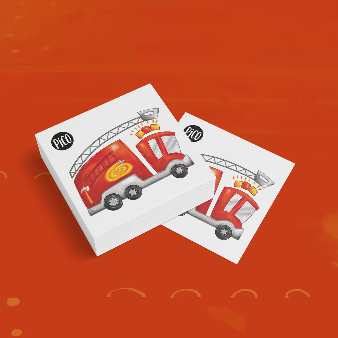 Tatouage temporaire pour enfant représentant un camion de pompier rouge et jaune avec grande échelle, format 2 pouces par 2 pouces / Temporary tattoo for children featuring a red and yellow fire truck with tall ladder, 2 inches by 2 inches format