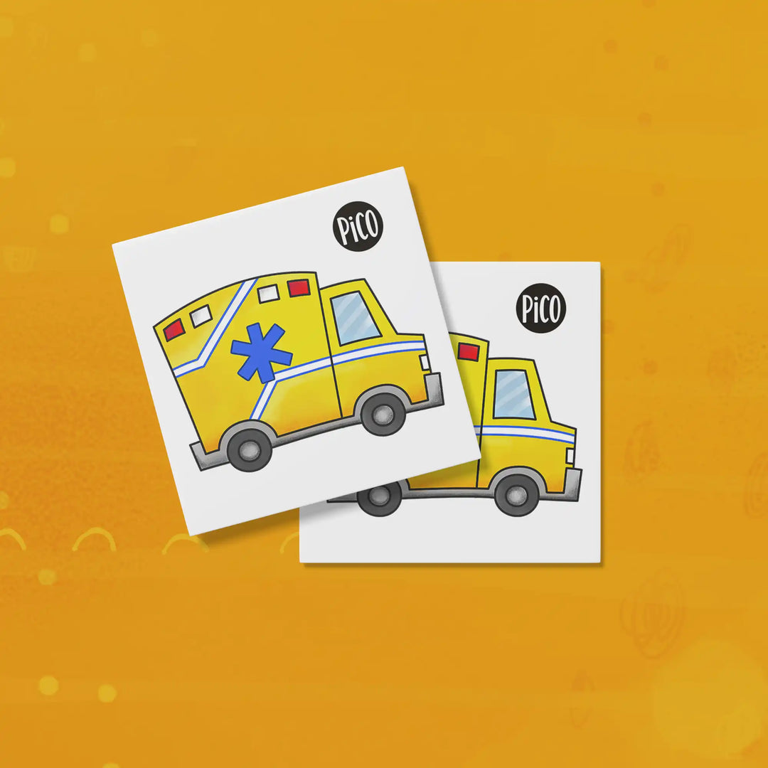 Tatouage temporaire pour enfant représentant une ambulance orange et jaune avec girophare, format 2 pouces par 2 pouces, thème premiers secours / Temporary tattoo for children featuring an orange and yellow ambulance with flashing light, 2 inches by 2 inches format, first aid theme