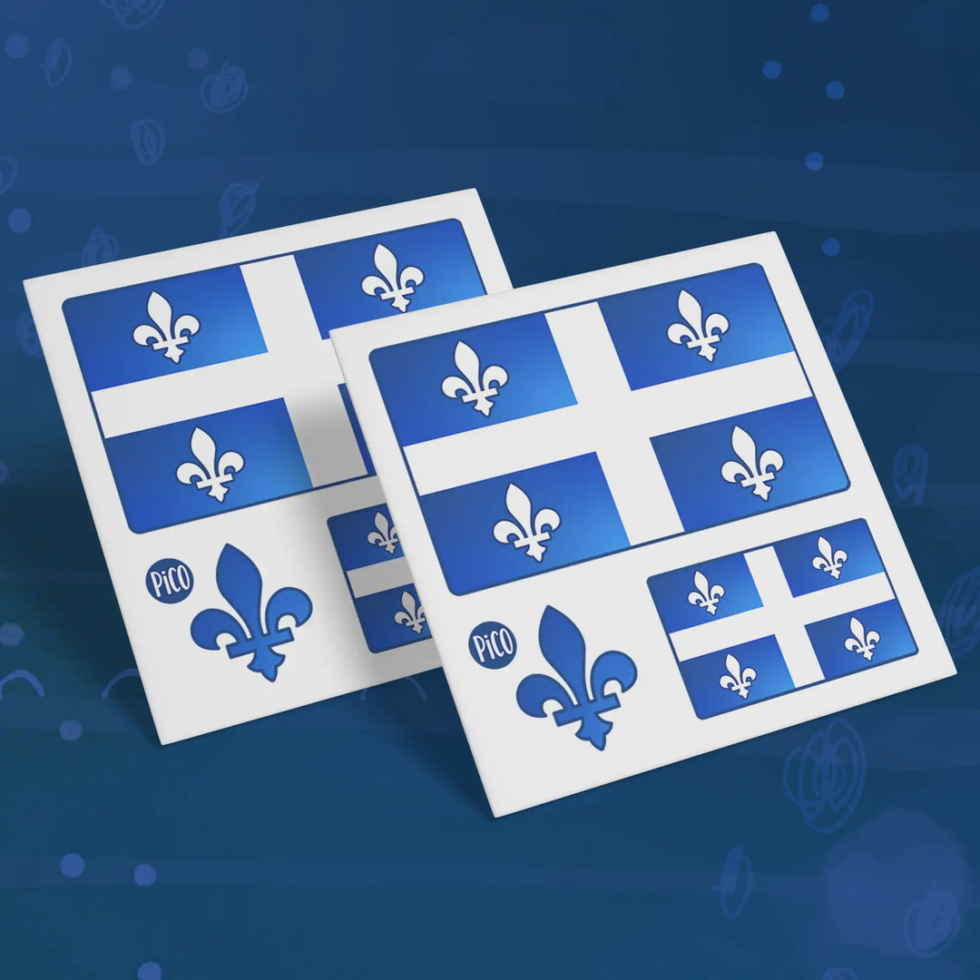 Tatouage temporaire La fête du Québec avec fleur de lys bleue et drapeau du Québec sur fond blanc, format 2 pouces par 2 pouces pour enfants / La Fête du Québec temporary tattoo with blue fleur-de-lys and Quebec flag on white background, 2 inches by 2 inches format for kids.
