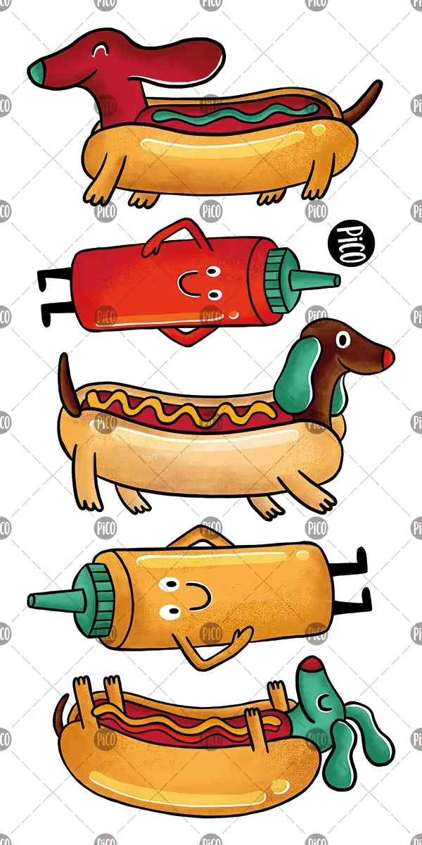 Tatouages temporaires de ketchup le chien saucisse par PiCO Tatouages temporaires faits au Québec. / Ketchup the Wiener Dog temporary tattoos by PiCO Tatoo. Made in Quebec