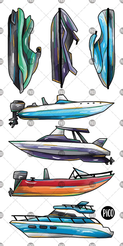 Tatouages temporaires de bateaux et de motomarines par PiCO Tatouages temporaires faits au Québec. / Temporary tattoos of boats and jet skis by PiCO Tatoo. Made in Quebec.