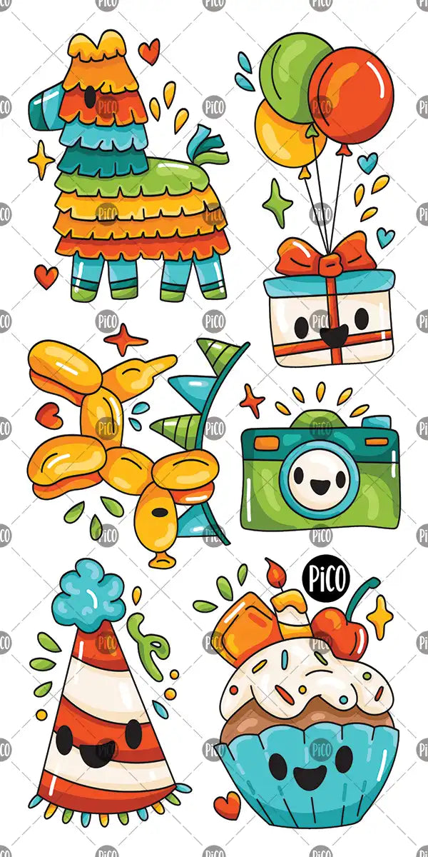 Tatouages Bonne fête avec gâteau, ballons et éléments d’anniversaire