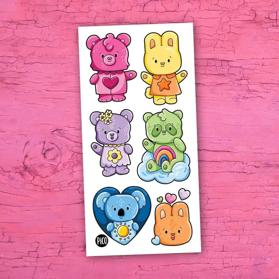 Tatouages d’animaux câlins incluant oursons, lapins, koala et panda