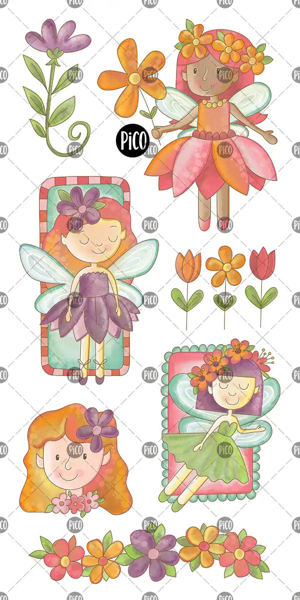 Tatouages temporaires pour enfants, fées enchantées avec ailes, étoiles et fleurs, couleurs pastel et dorées / Children's temporary tattoos, enchanted fairies with wings, stars and flowers, pastel and gold colors