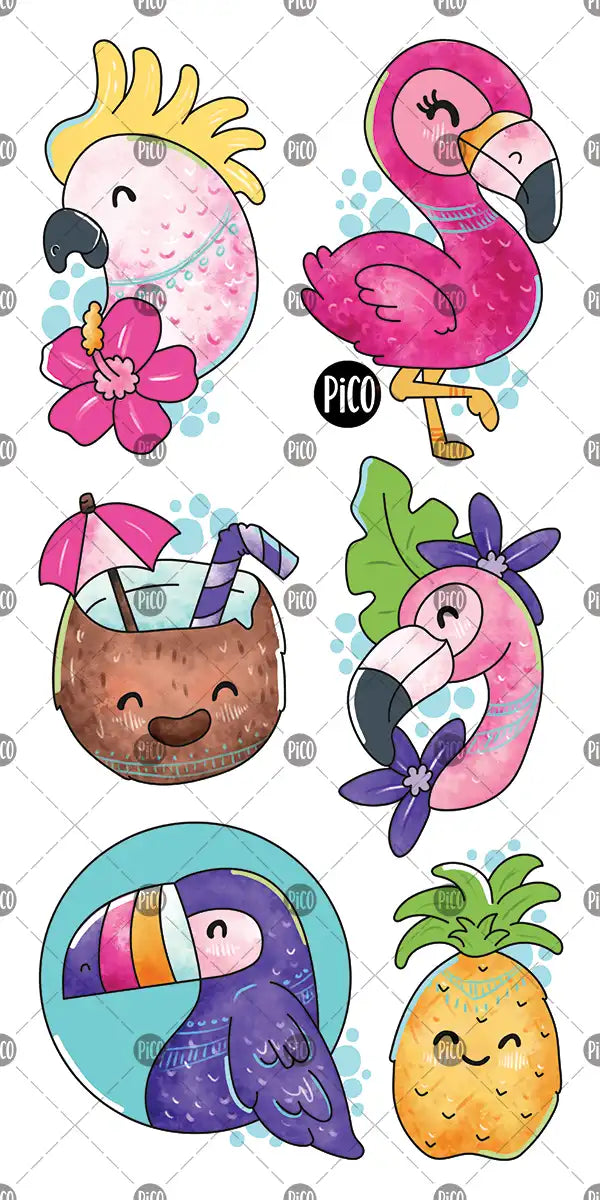 Tatouages temporaires flamants roses et perroquets pour enfants, motifs tropicaux colorés / Flamingo and parrot temporary tattoos for kids, colorful tropical designs