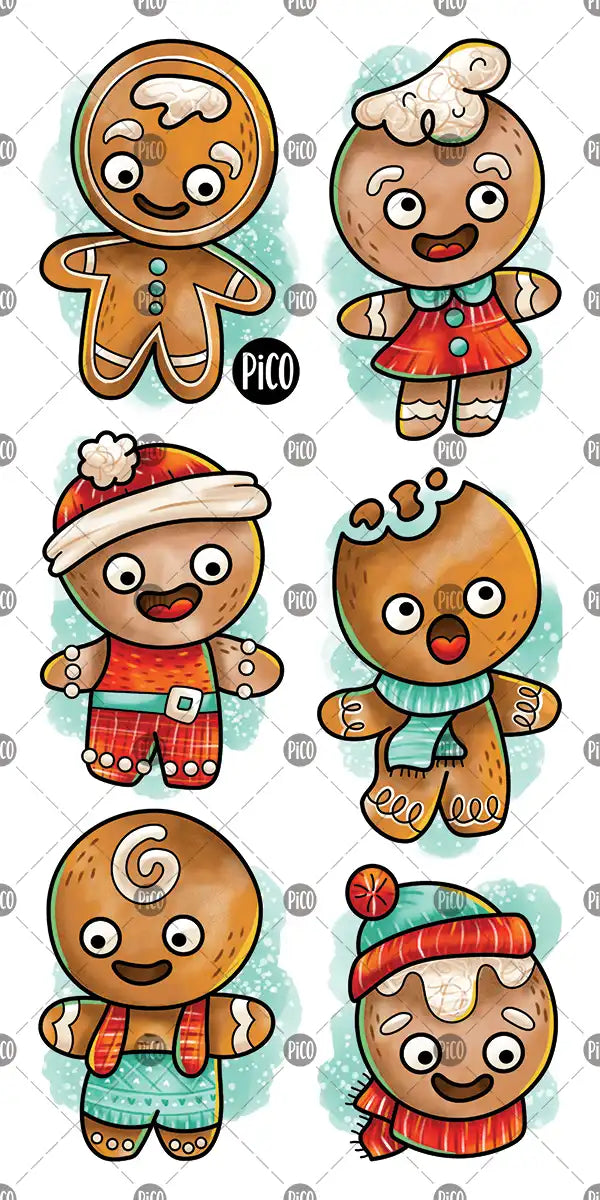 Tatouages temporaires biscuits en pain d'épice, motifs festifs colorés pour enfants.
Gingerbread cookie temporary tattoos, colorful festive designs for kids.