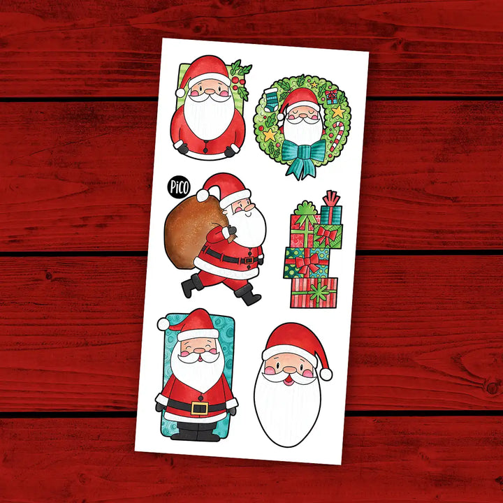 Tatouage temporaire du Père Noël pour enfants, design festif coloré, sécuritaire pour la peau.
Santa Claus temporary tattoo for kids, festive colorful design, skin-safe.