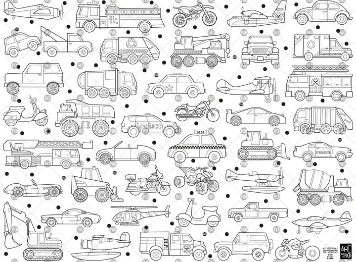 Coloriage géant les véhicules, créé par PiCO Tatouages temporaires. Affiche géante à colorier. Dessins créés et imprimés au Québec. Camions de pompiers, police, voiture, moto, et autres véhicules qui roulent. / Giant coloring poster with vehicles, created by PiCO Temporary Tattoos. Giant coloring poster. Designs created and printed in Canada. Fire trucks, police, cars, motorcycles and other vehicles on wheels.