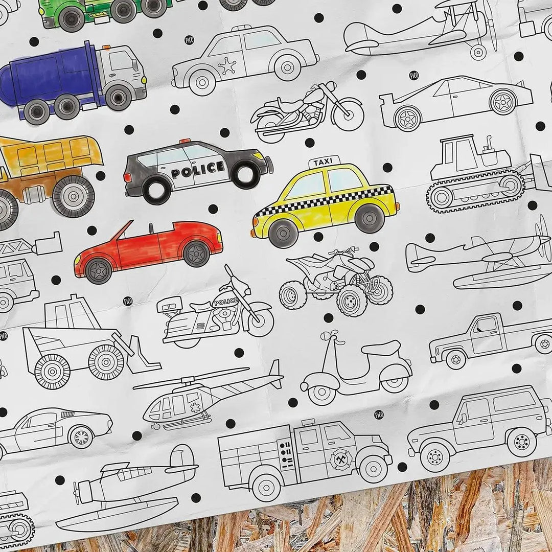 Coloriage géant les véhicules, créé par PiCO Tatouages temporaires. Affiche géante à colorier. Dessins créés et imprimés au Québec. Camions de pompiers, police, voiture, moto, et autres véhicules qui roulent. /  Giant coloring poster with vehicles, created by PiCO Temporary Tattoos. Giant coloring poster. Designs created and printed in Canada. Fire trucks, police, cars, motorcycles and other vehicles on wheels.