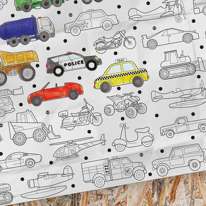 Coloriage géant les véhicules, créé par PiCO Tatouages temporaires. Affiche géante à colorier. Dessins créés et imprimés au Québec. Camions de pompiers, police, voiture, moto, et autres véhicules qui roulent. /  Giant coloring poster with vehicles, created by PiCO Temporary Tattoos. Giant coloring poster. Designs created and printed in Canada. Fire trucks, police, cars, motorcycles and other vehicles on wheels.