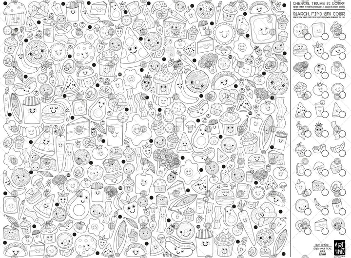 Coloriage géant de cherche et trouve de nourriture, créé par PiCO Tatouages temporaires. Affiche géante à colorier. Dessins créés et imprimés au Québec. Croissants, muffins, fruits, pizza et / Giant food search and find coloring poster, created by PiCO Temporary Tattoos. Giant coloring poster. Designs created and printed in Canada. Croissants, muffins, fruit, pizza and other delicacies.
