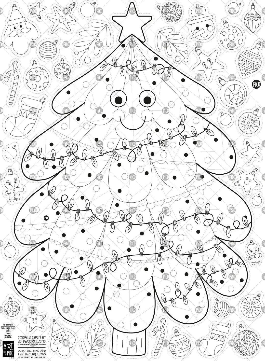 Coloriage et bricolage géant du sapin de Noël et ses décorations créé par PiCO Tatouages temporaires. Dessins créés et imprimés au Québec. Un sapin et de belles décorations à colorier et à découper. / Giant Christmas tree coloring poster and decorations created by PiCO Temporary Tattoos. Designs created and printed in Canada. A tree and beautiful decorations to color and cut out.