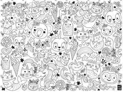 Coloriage géant La licornerie avec chat et sirènes ! Un cadeau original pour stimuler la créativité.  Design québécois. Impression réalisée au Québec. / Giant unicorn coloring poster with cats and mermaids! An original gift to stimulate creativity.  Quebec design. Printed in Quebec.