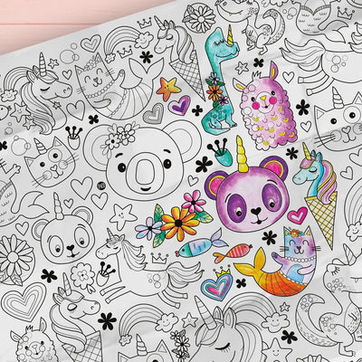 Coloriage géant La licornerie avec chat et sirènes ! Un cadeau original pour stimuler la créativité.  Design québécois. Impression réalisée au Québec. / Giant unicorn coloring poster with cats and mermaids! An original gift to stimulate creativity.  Quebec design. Printed in Quebec.