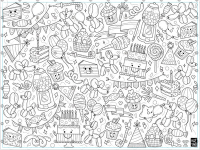 Coloriage géant anniversaire créé par PiCO Tatouages temporaires. Affiche géante à colorier. Dessins créés et imprimés au Québec. Ballons, gâteaux, cupcakes et confettis. / Giant birthday coloring poster created by PiCO Temporary Tattoos. Giant coloring poster. Drawings created and printed in Quebec. Balloons, cakes, cupcakes and confetti.