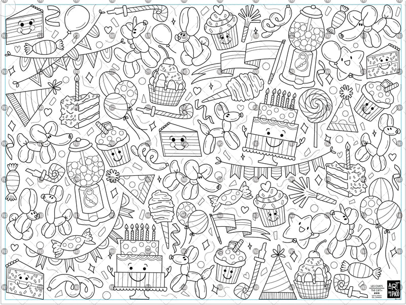 Coloriage géant anniversaire créé par PiCO Tatouages temporaires. Affiche géante à colorier. Dessins créés et imprimés au Québec. Ballons, gâteaux, cupcakes et confettis. / Giant birthday coloring poster created by PiCO Temporary Tattoos. Giant coloring poster. Drawings created and printed in Quebec. Balloons, cakes, cupcakes and confetti.