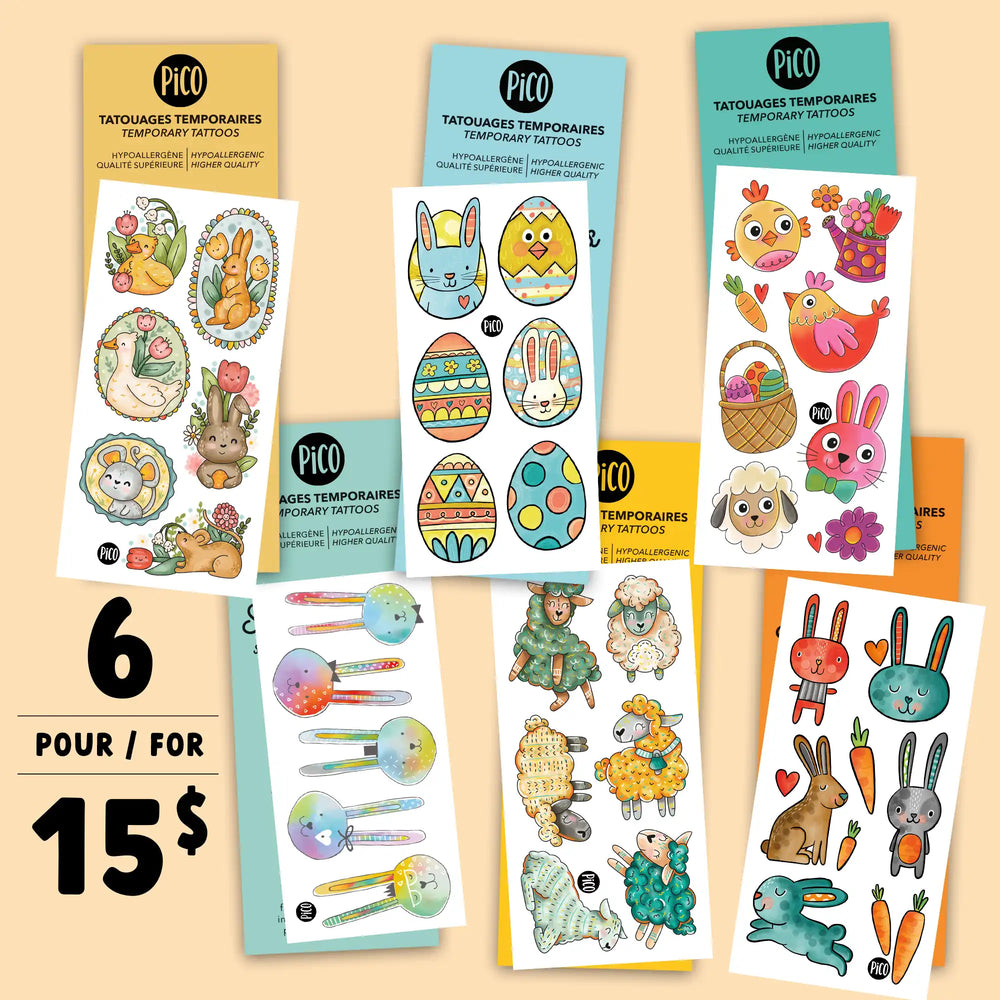 Lot promotionnel de 6 feuilles de tatouages temporaires pour enfants sur le thème du printemps et de Pâques — motifs lapins, œufs de Pâques, fleurs et papillons, format 2 po x 4 po. / Promotional set of 6 sheets of temporary tattoos for children with a spring and Easter theme — featuring rabbits, Easter eggs, flowers and butterflies, 2 in x 4 in size.