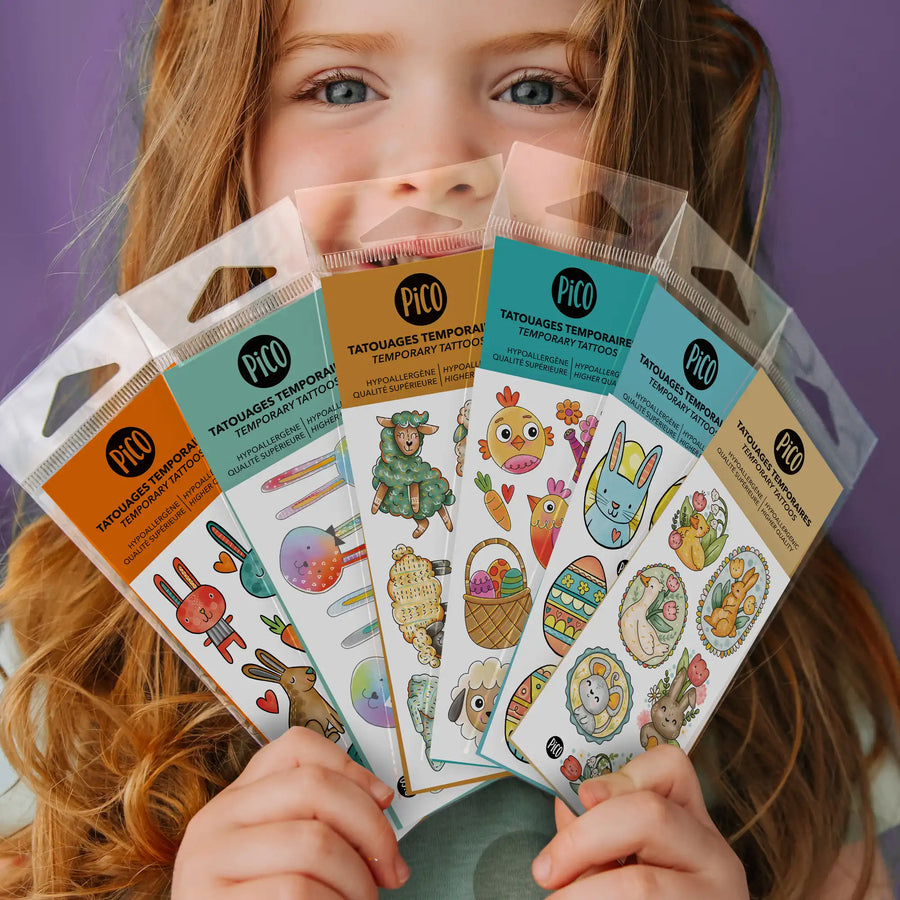 Lot promotionnel de 6 feuilles de tatouages temporaires pour enfants sur le thème du printemps et de Pâques — motifs lapins, œufs de Pâques, fleurs et papillons, format 2 po x 4 po. / Promotional set of 6 sheets of temporary tattoos for children with a spring and Easter theme — featuring rabbits, Easter eggs, flowers and butterflies, 2 in x 4 in size.