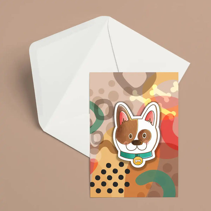 Carte de souhait illustrée avec texture colorée et autocollant en vinyle de chien

llustrated greeting card with colorful texture and dog vinyl sticker