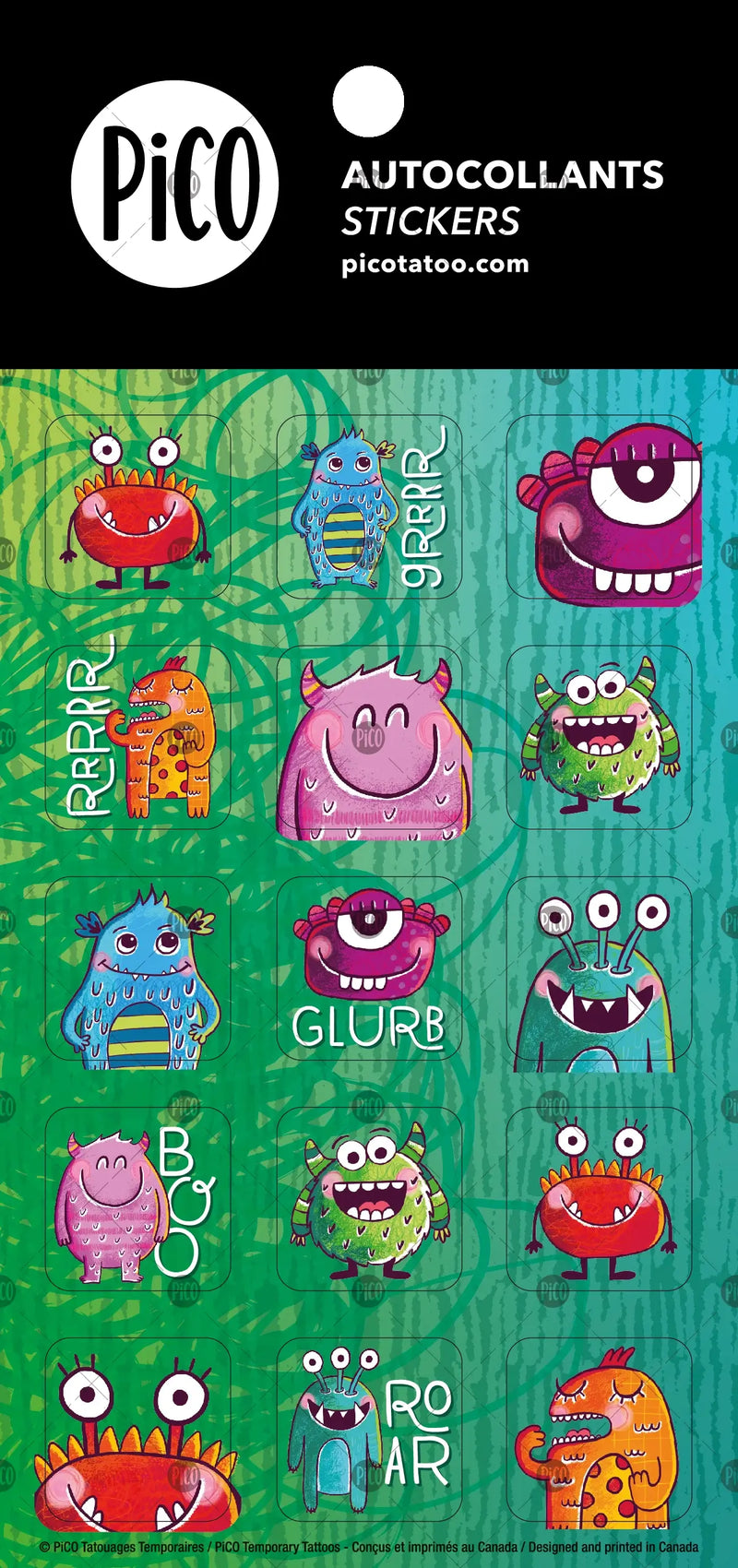 Autocollants de jolis monstres sympathiques. Dessins par PiCO créés et imprimés au Québec. /  Cute and friendly monster stickers. Designs by PiCO, created and printed in Canada.