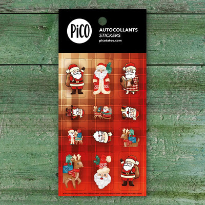 Autocollants pere noel et renne au nez rouge. Dessins par PiCO créés et imprimés au Québec. /  Santa and red-nosed reindeer stickers. Designs by PiCO, created and printed in Canada.
