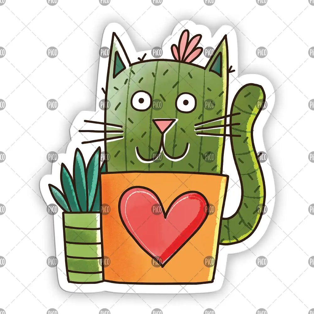Autocollant en vinyle illustrant un chat assis dans un cactus, style graphique coloré
Vinyl sticker featuring a cute cat sitting in a cactus, colorful graphic style