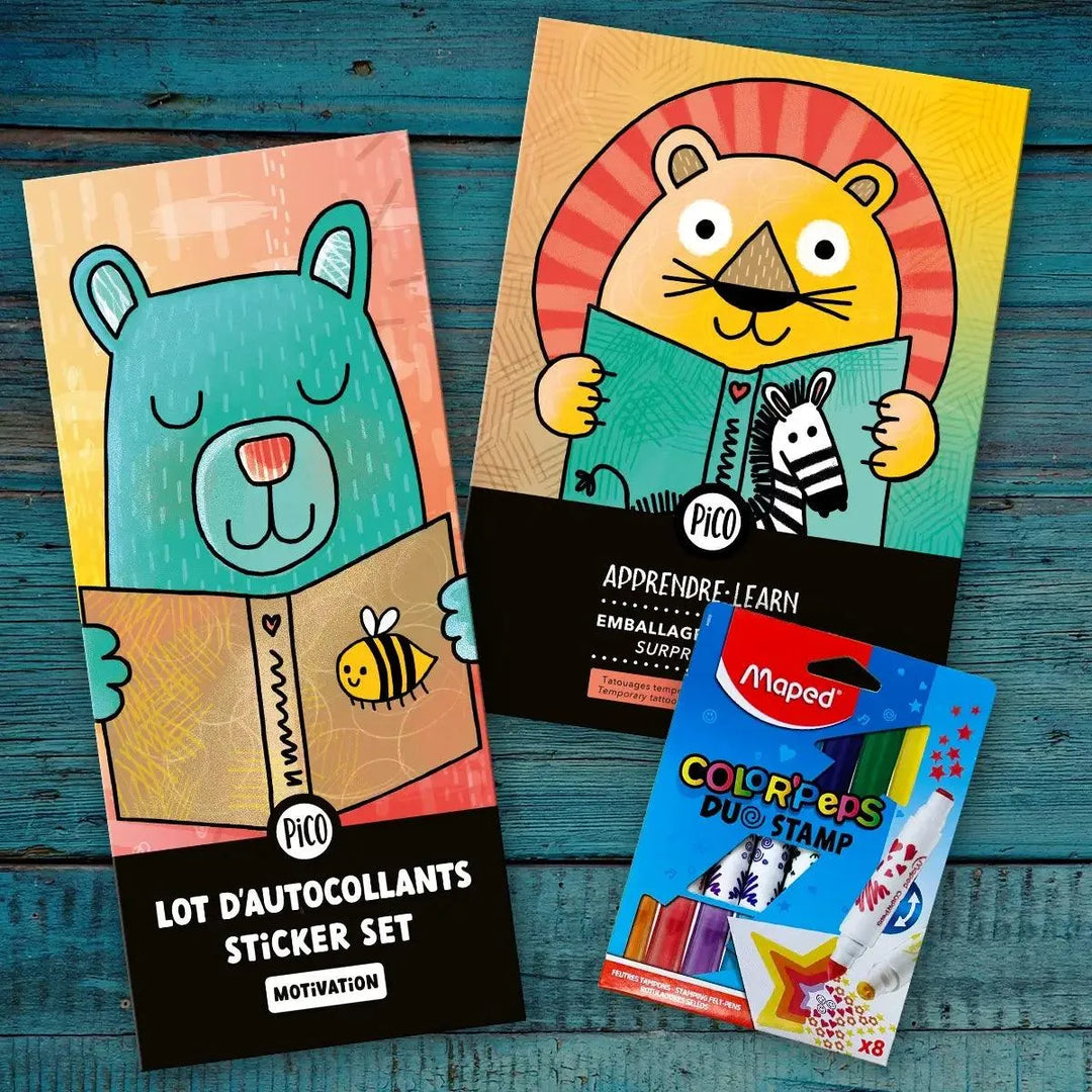 Ensemble promo pour la rentrés des classes comprenant des autocollants de motivation, des tatouages scolaires et des crayon feutres estampes offert par PICO tatouages temporaires 