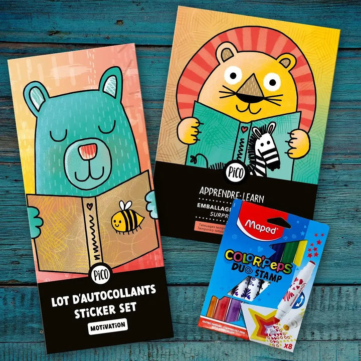 Ensemble promo pour la rentrés des classes comprenant des autocollants de motivation, des tatouages scolaires et des crayon feutres estampes offert par PICO tatouages temporaires 