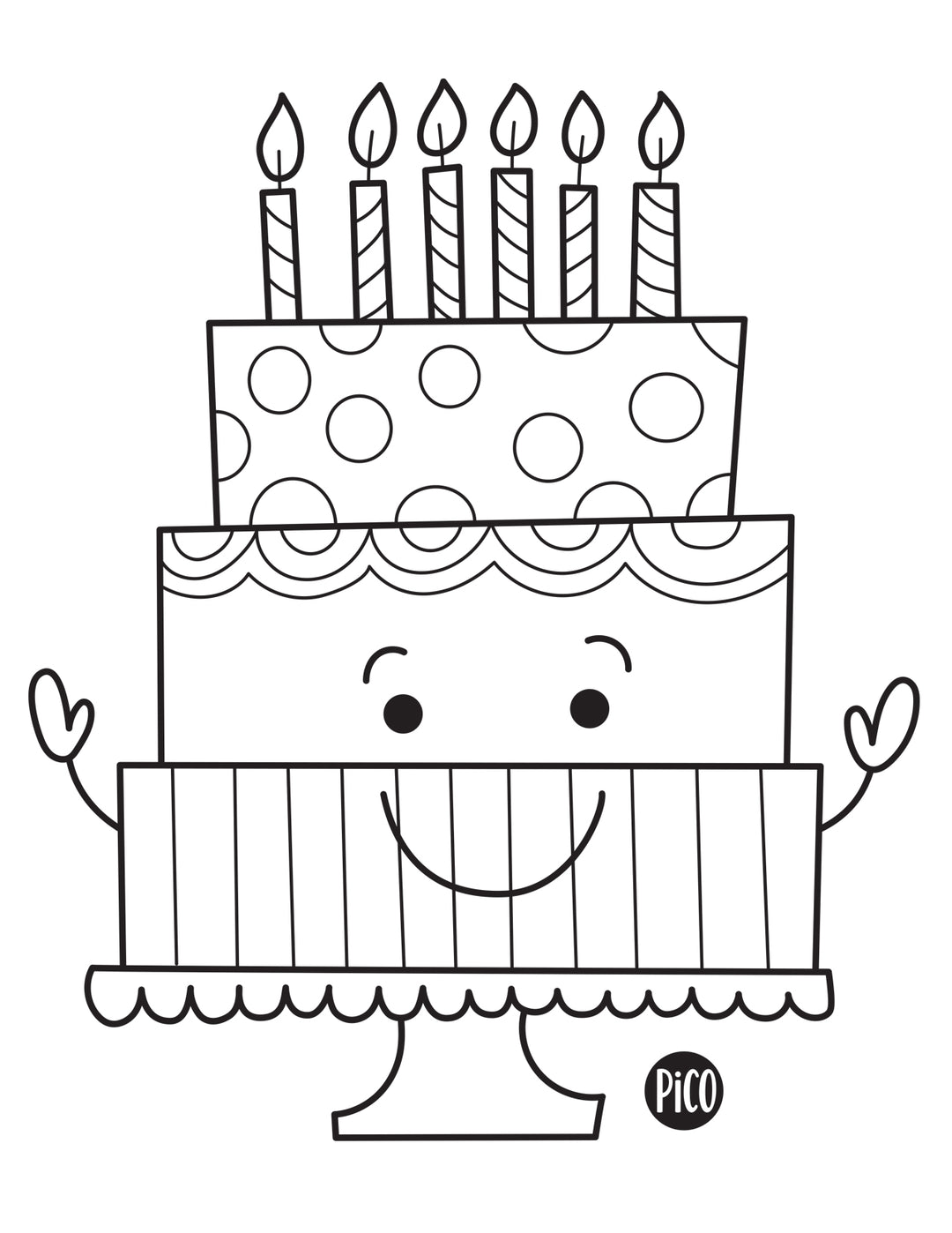 Coloriage gratuit à imprimer d'un gâteau de fête avec bougies et décoration festive, dessin simple pour enfant. / Free printable birthday cake coloring page with candles and festive decorations, simple line drawing for kids of all ages.