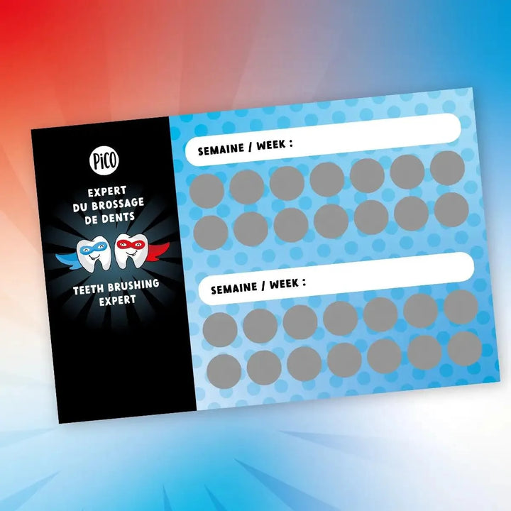 Carte à gratter pour le brossage des dents. Dessins par PiCO Tatouages temporaires créés et imprimés au Québec. / Scratch card for brushing teeth. Designs by PiCO Tatoo. Created and printed in Quebec.