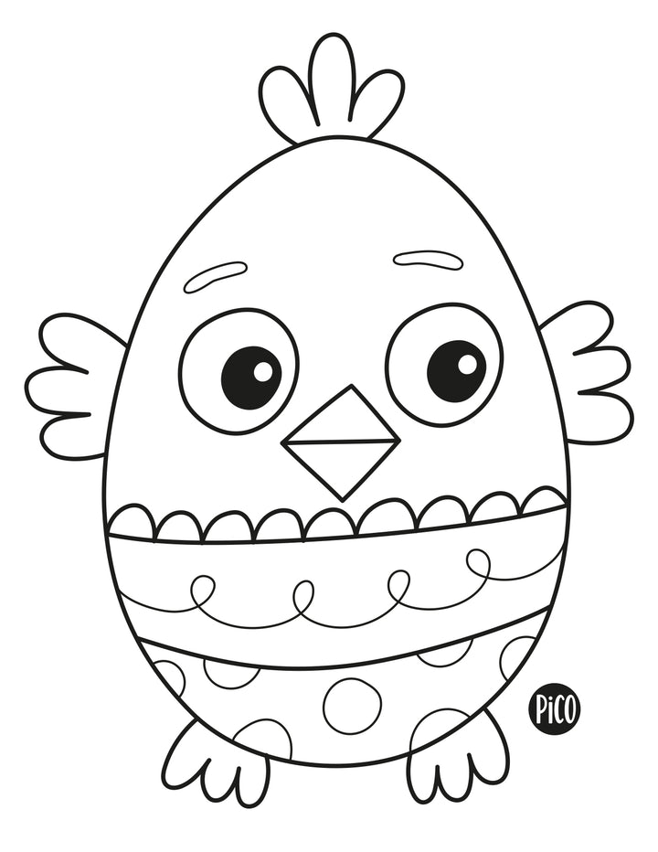 Coloriage gratuit d'un poussin souriant sortant d'un œuf de Pâques, dessin simple en noir et blanc à imprimer pour enfants. / Free printable coloring page of a smiling baby chick hatching from an Easter egg, simple black and white drawing for kids of all ages.