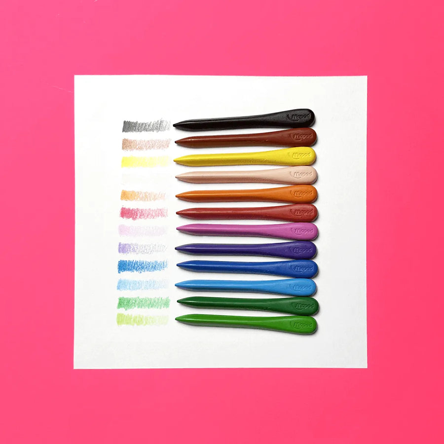 ensemble de 12 crayon de plastiques qui ressemble à des craysons de sire mais en plus performant. Créer par Maped vendu par PICO Tatoo. / set of 12 plastic pencils that look like sire pencils but more efficient. Created by Maped sold by PICO Tatoo.