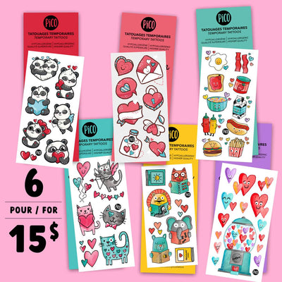 Promotion pour la st-valentin 5 tatouages au prix de 5 obtenez un gratuit. Motif de coeur, amour, best friends, chats et panda amoureux.