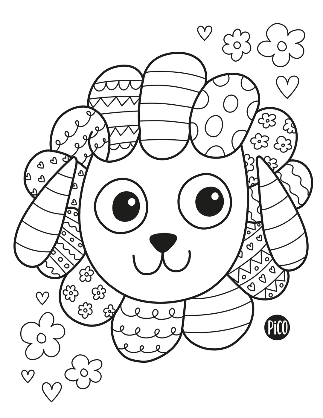 Coloriage gratuit d'un mouton de Pâques illustré avec des motifs décoratifs et des textures variées tels que fleurs, œufs et arabesques, à imprimer à la maison pour enfants. / Free printable Easter sheep coloring page decorated with ornamental patterns and textures including flowers, eggs, and swirls, designed for children of all ages to color at home.