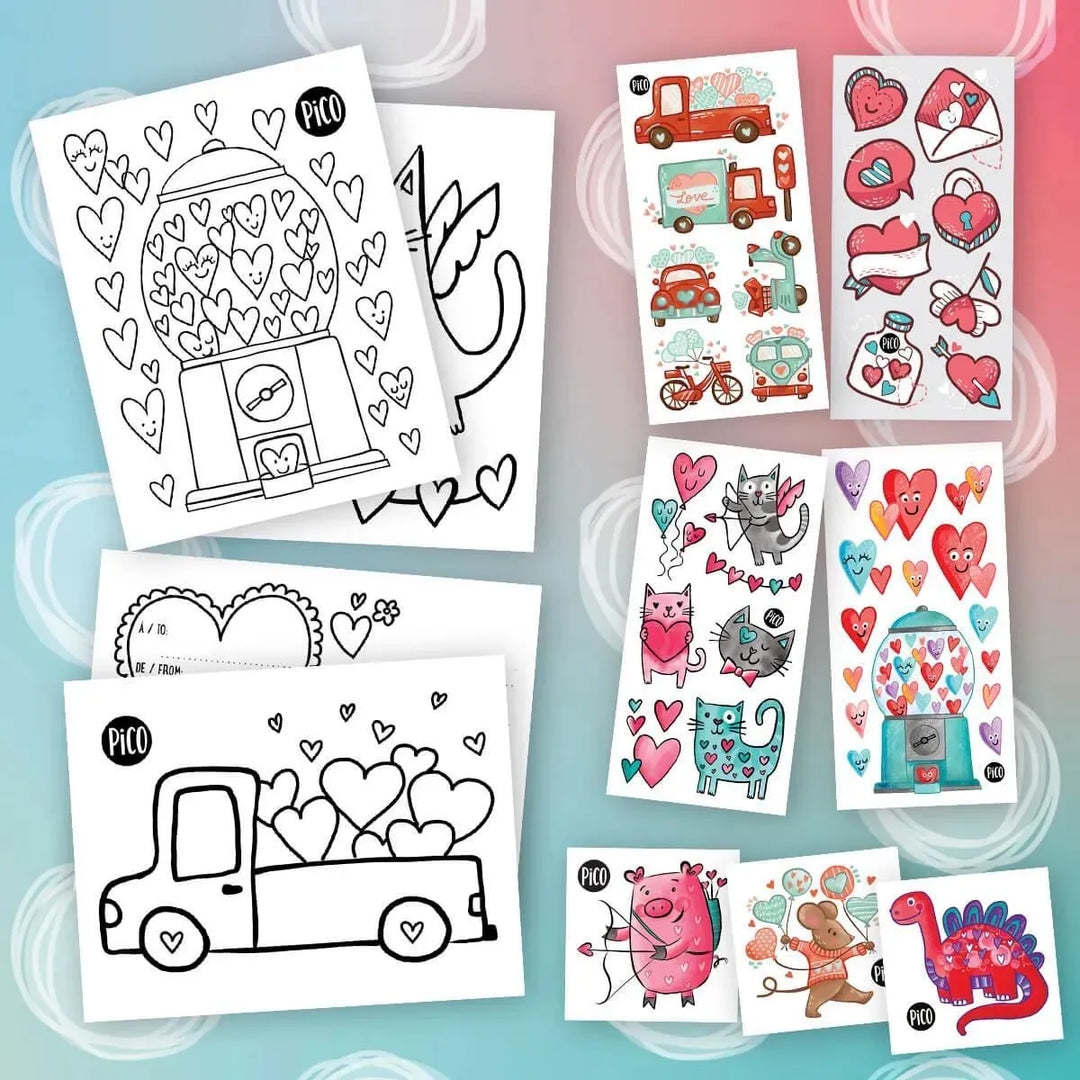 Emballage surprise au thème des amoureux idéal pour la st-valentin comprenant des tatouages temporaires et des coloriages thématiques fait par PICO tatoo
