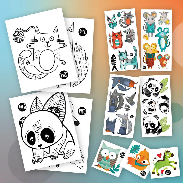 L'ensemble surprise «Rigolo», tatouages temporaires et coloriages faits par PiCO Tatoo à Québec