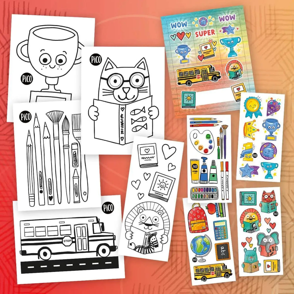 Ensemble surprise Apprendre à l'école, créé par PiCO Tatouages temporaires. Coloriages et tatouages temporaires. Dessins créés au Québec.