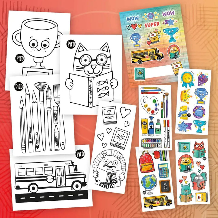 Ensemble surprise Apprendre à l'école, créé par PiCO Tatouages temporaires. Coloriages et tatouages temporaires. Dessins créés au Québec.