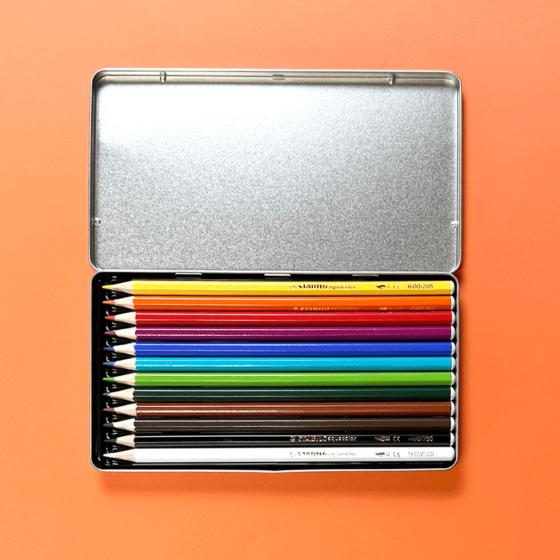 Crayon de bois de 12 couleurs variés et vives qui se transforme en aquarelle avec un peu d&