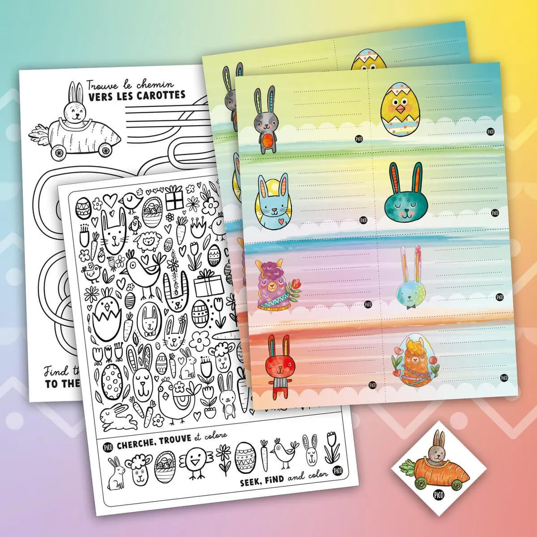 Ensemble d'activités de printemps créé par PiCO Tatouages temporaires. Activités de bricolage, coloriages, petits jeux et un petit tatouage temporaire thématique. Dessins créés au Québec.