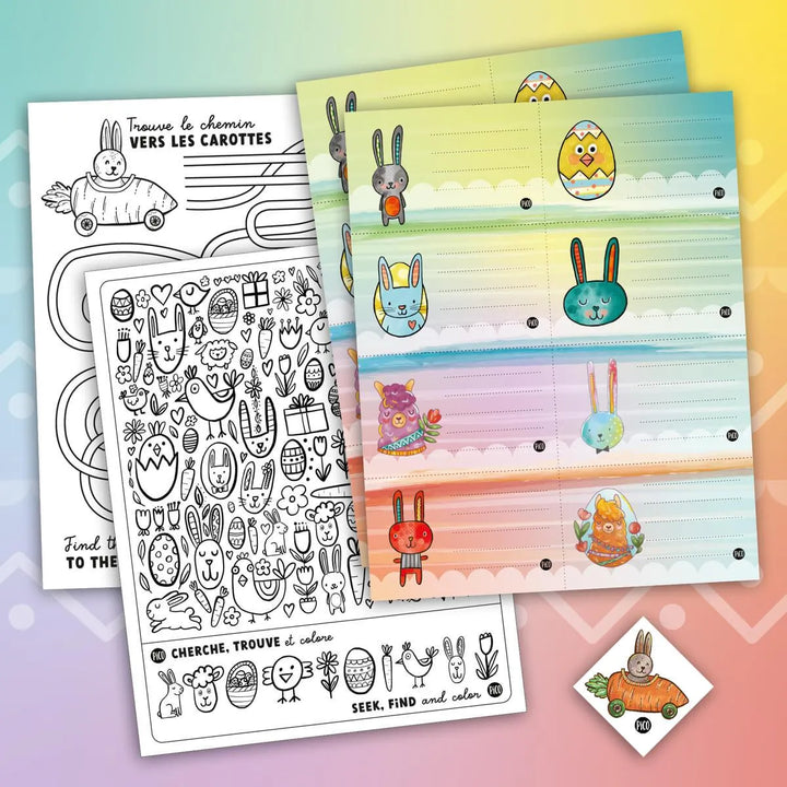Ensemble d'activités de printemps créé par PiCO Tatouages temporaires. Activités de bricolage, coloriages, petits jeux et un petit tatouage temporaire thématique. Dessins créés au Québec.