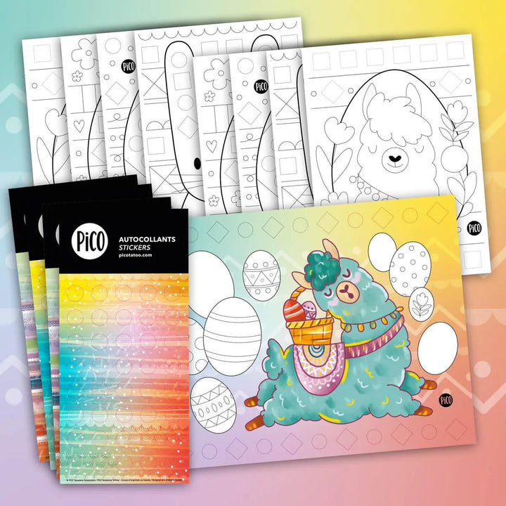 Ensemble d'activités de printemps créé par PiCO Tatouages temporaires. Activités de bricolage, coloriages, petits jeux et un petit tatouage temporaire thématique. Dessins créés au Québec.