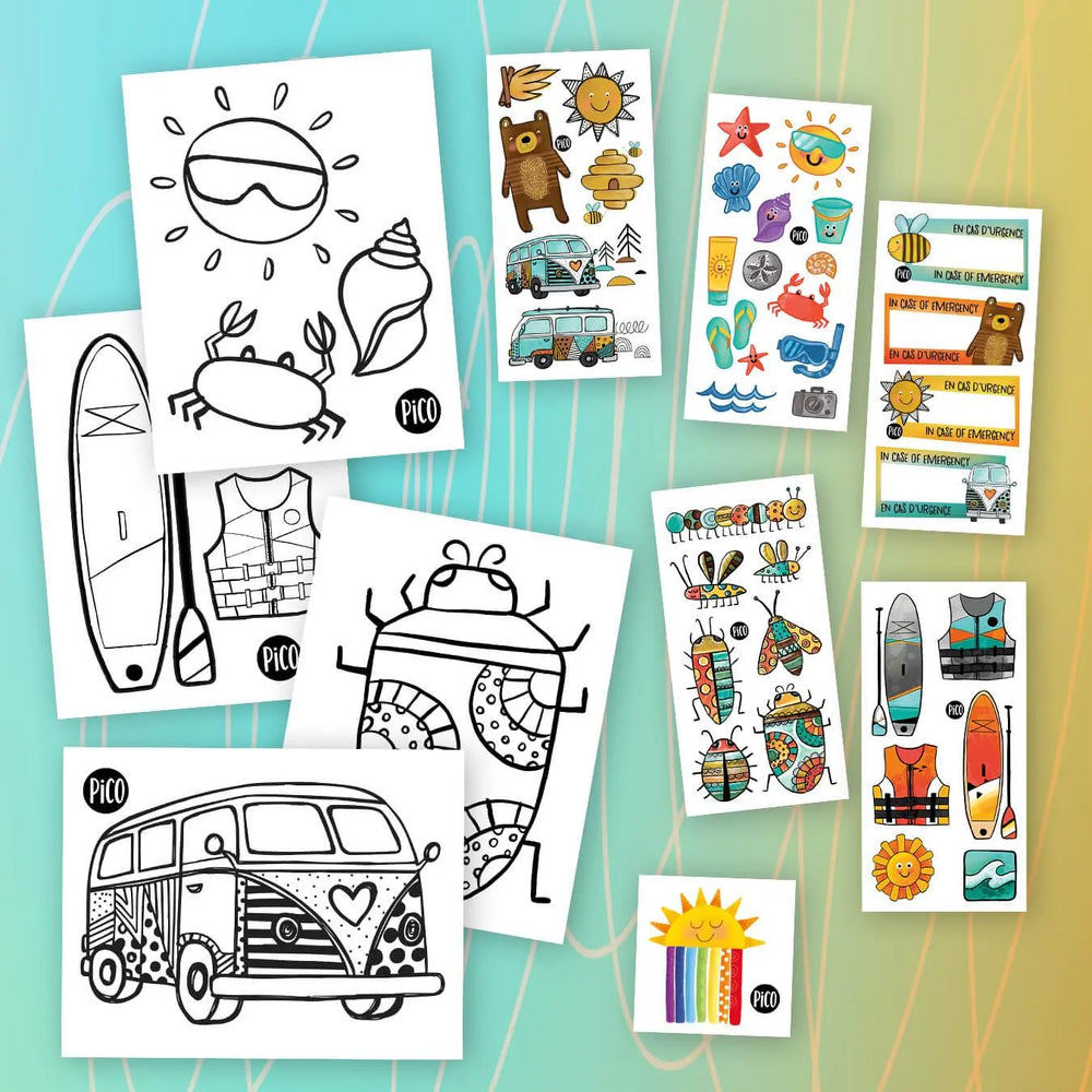 Emballage surprise estival et ensoleillé avec coloriages et tatouages temporaires par PiCO Tatoo
