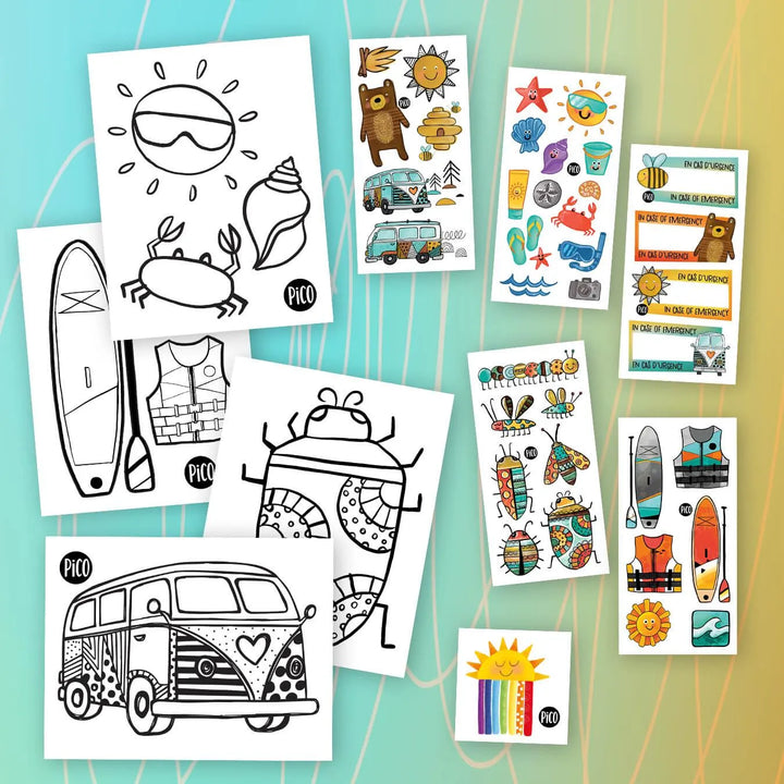 Emballage surprise estival et ensoleillé avec coloriages et tatouages temporaires par PiCO Tatoo