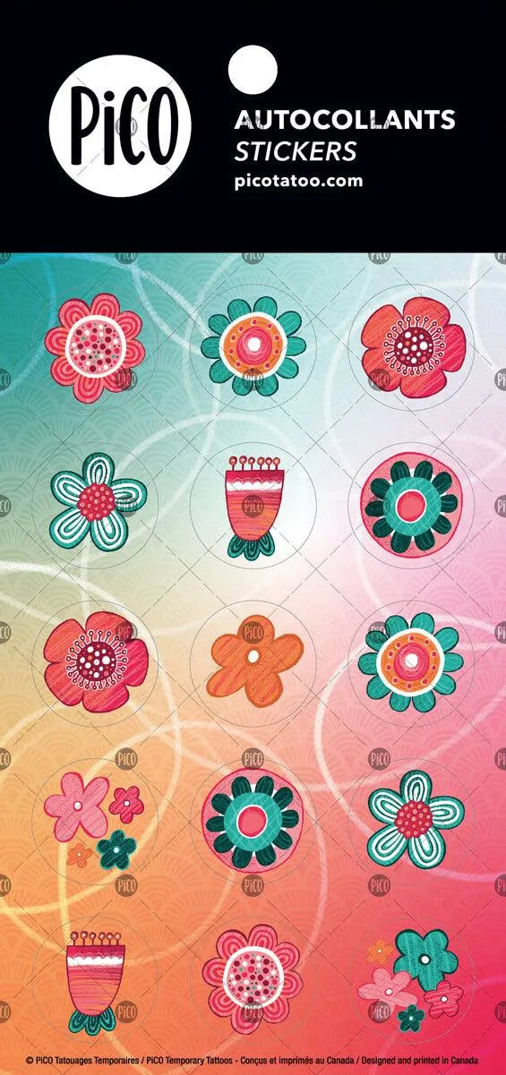 Autocollants des douces fleurs. Dessins par PiCO Tatouages temporaires créés et imprimés au Québec.