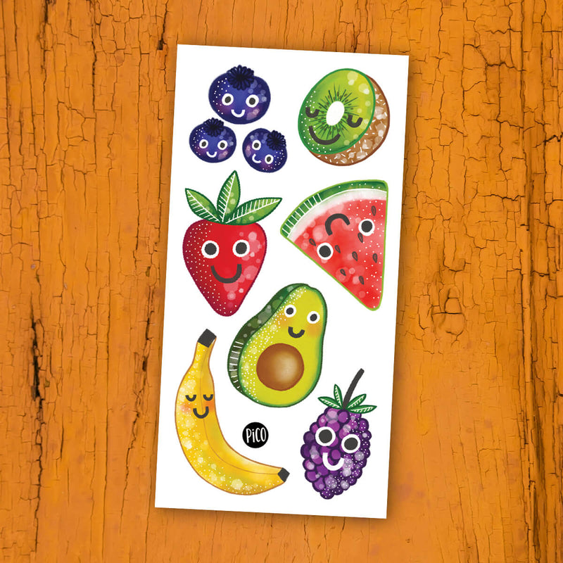 PiCO Tatoo, tatouages temporaires Les fruits en folie! Orange, banane, fraise, bleuets, avocat, kiwi, ananas.